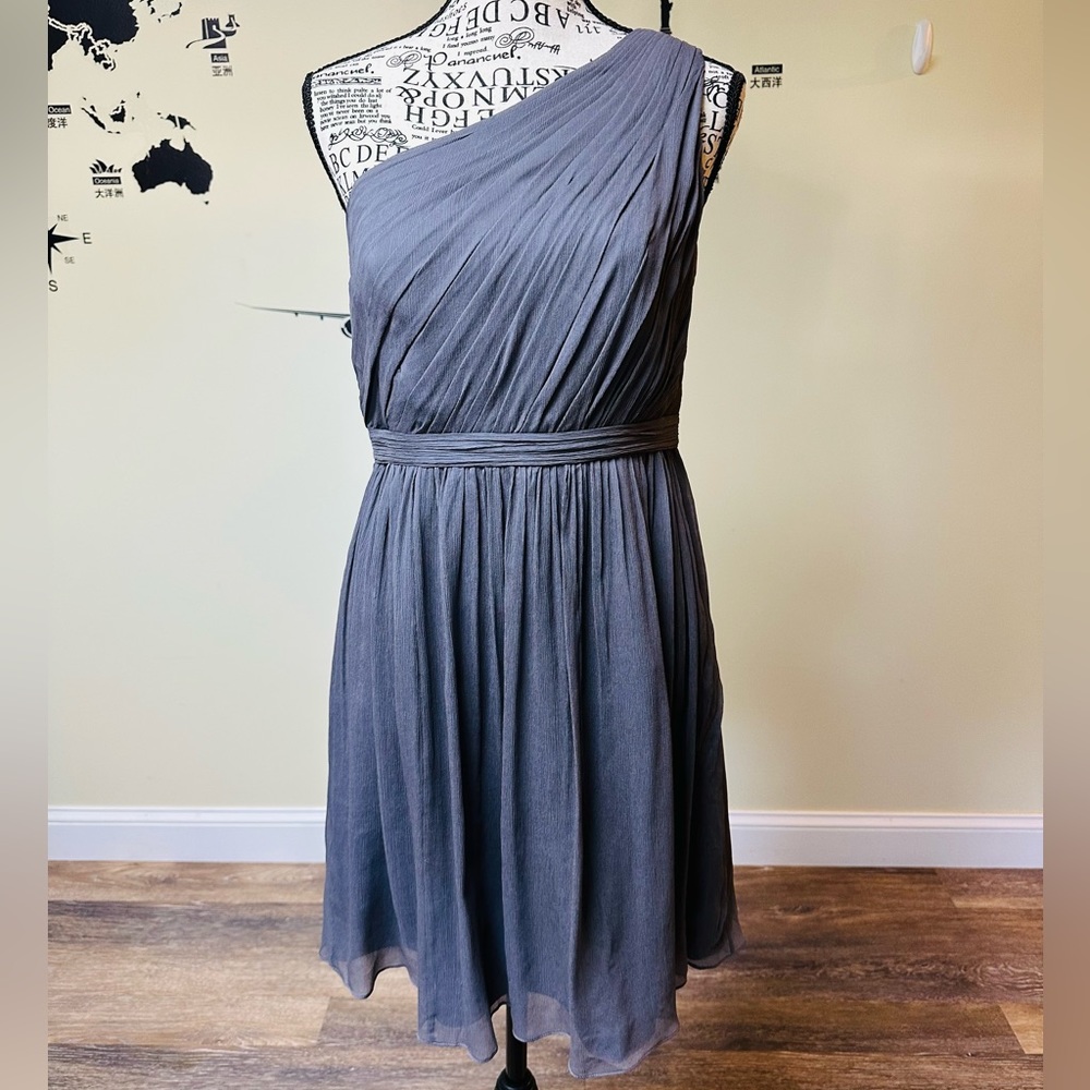 J Crew gray silk one shoulder midi dress size petite 6.